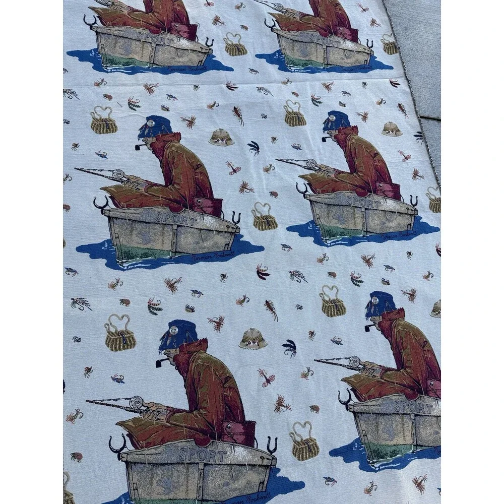 Norman Rockwell Vintage Fabric 4.5ft x 32ft Fishing Tapestry Yardage Textile